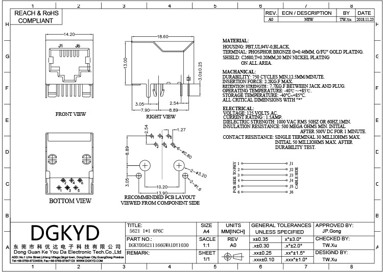 DGKYD56211166GWA1DY1030 Single Port RJ12 Connector 6P6C Shielded Lightless G/FU
