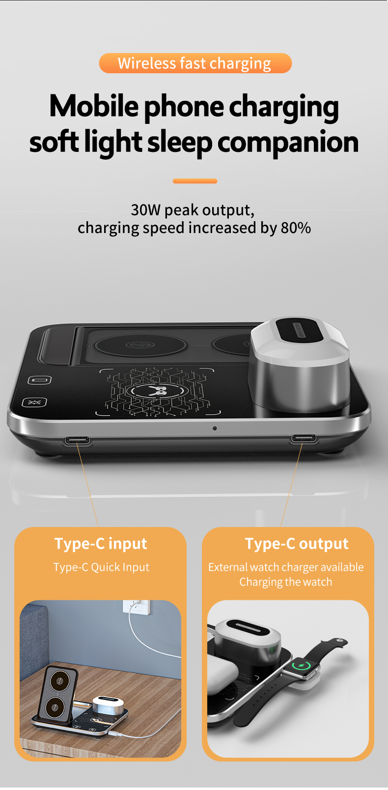 OEM 15W 10W Fast Qi LED Light 3 In 1 Wireless Charging Station For Mobile Phone Tablet
