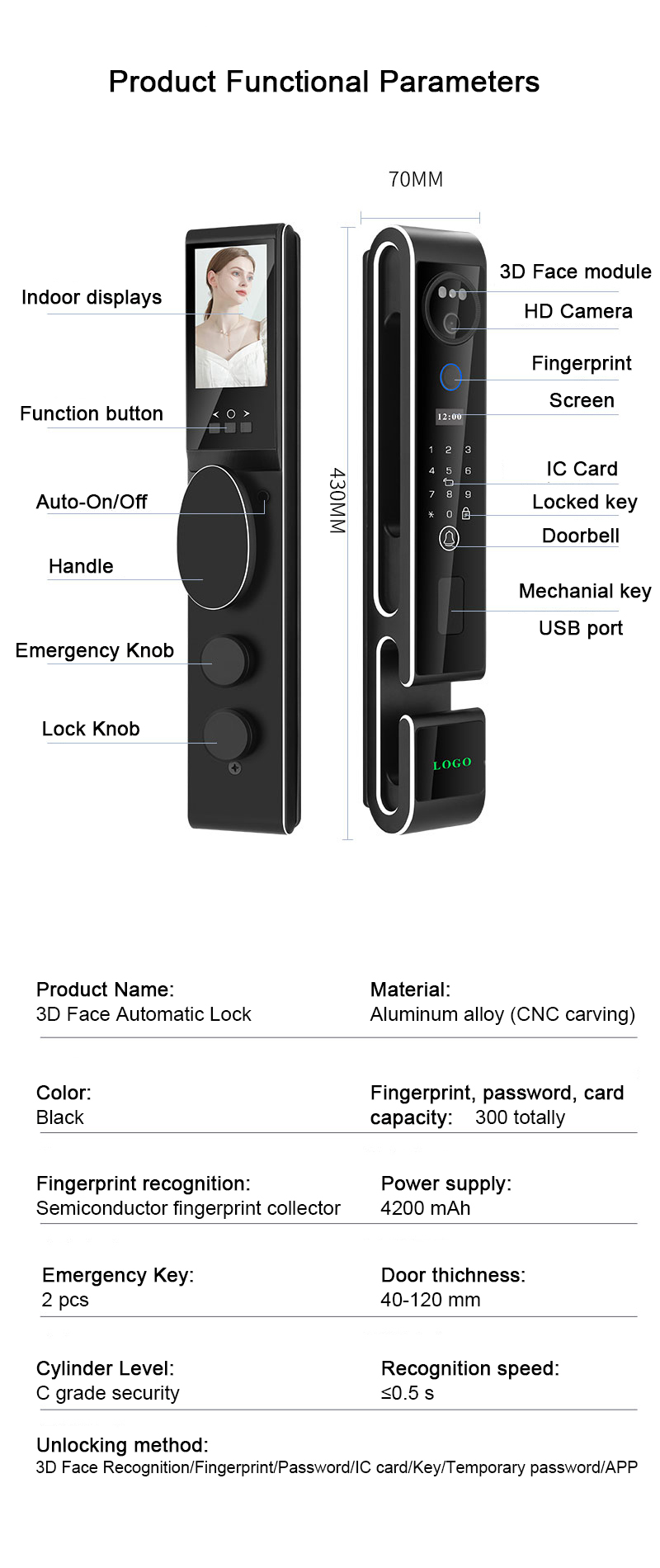 3D Face Intelligent Door Lock S666 With Intercom Luxury Door Lock