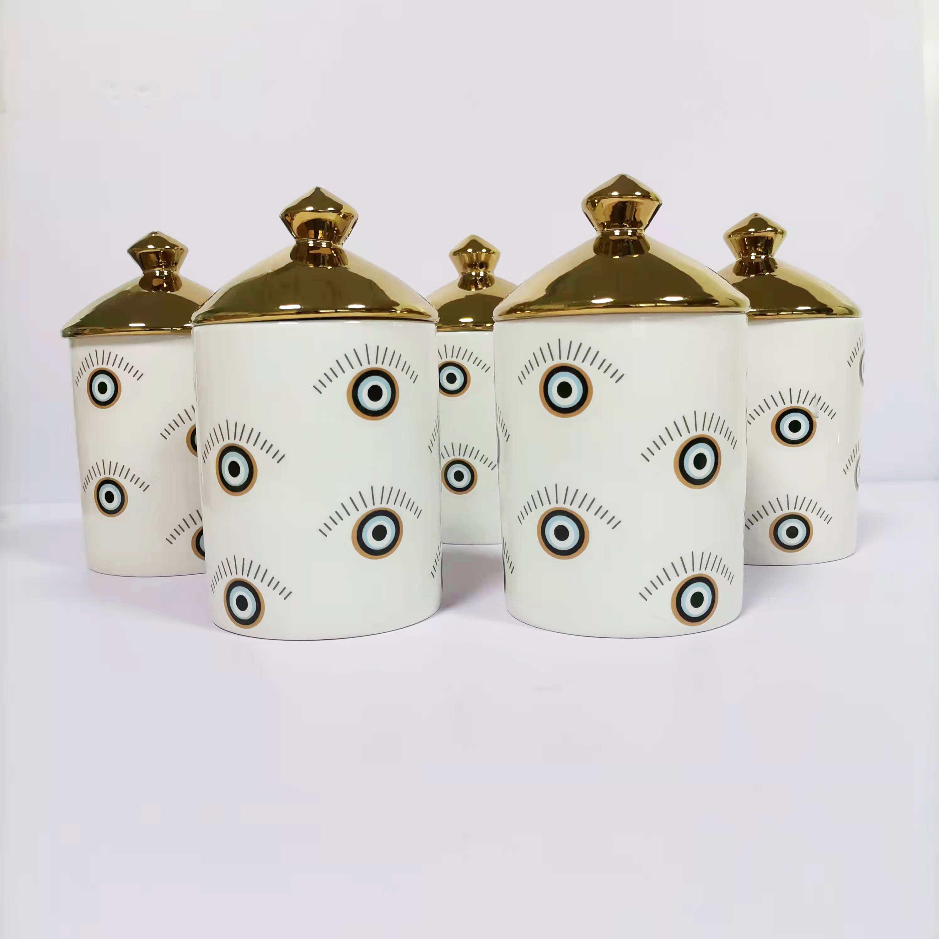 Eye Pattern Candle Ceramic Containers With Letterpress Printing Gravure Printing