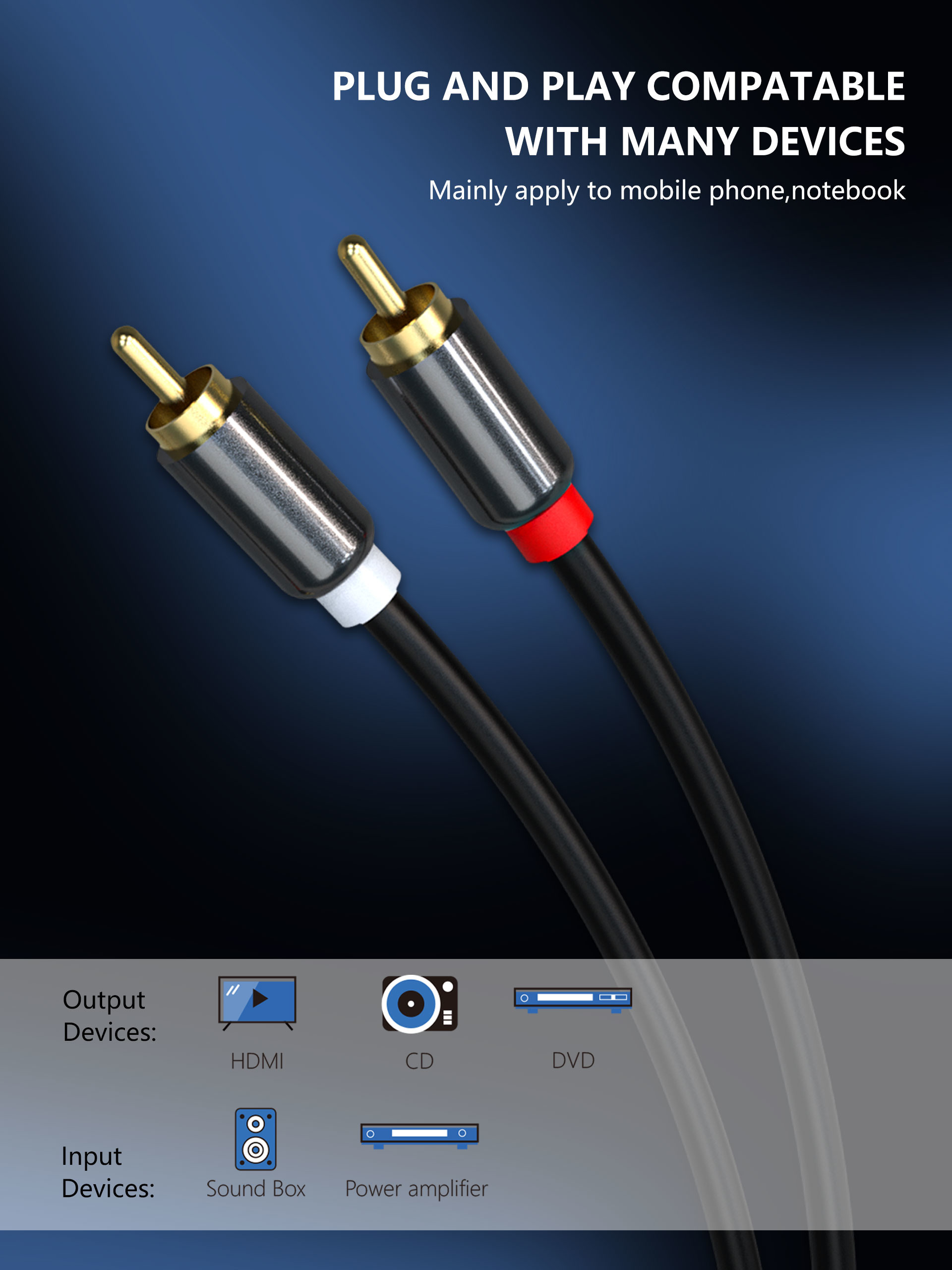 3.3ft RCA To RCA Audio And Video Cable Gold Plated For Home Theater OCC