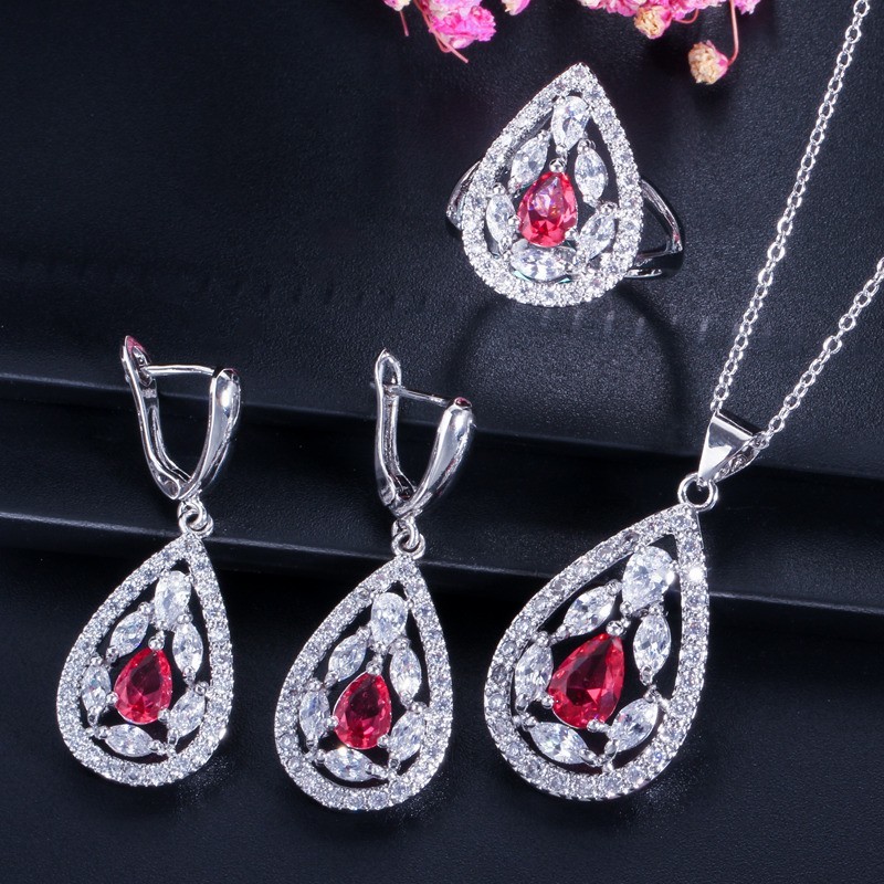 CZ charm pendant necklace dainty jewelry Water Drop Necklace and Earring Sets Big Wedding Jewelry Sets For Brides