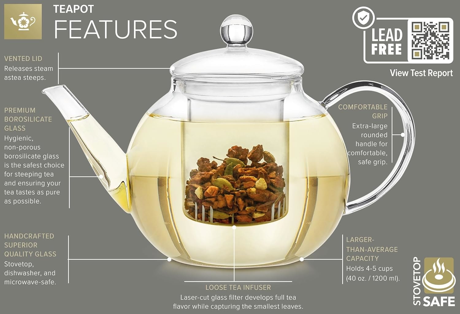 1500ml(52oz) Glass Teapot with Removable Infuser, Ehugos Stovetop Safe Large Tea Pot, Blooming and Loose Leaf Hand