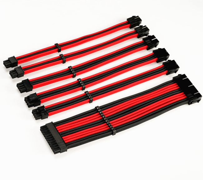 PSU Extension Cable 24 ATX 4+4 EPS 6+2 PCI-E 6 PCI-E 18AWG Softest PET Braided Black+Red