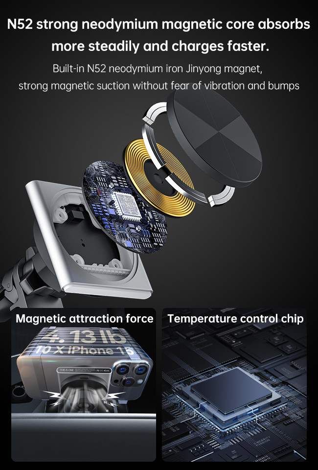 Metal Magsafe Wireless Charger For Cars 9-Color RGB Light Effect One-Hand Operation 360-Degree Rotation