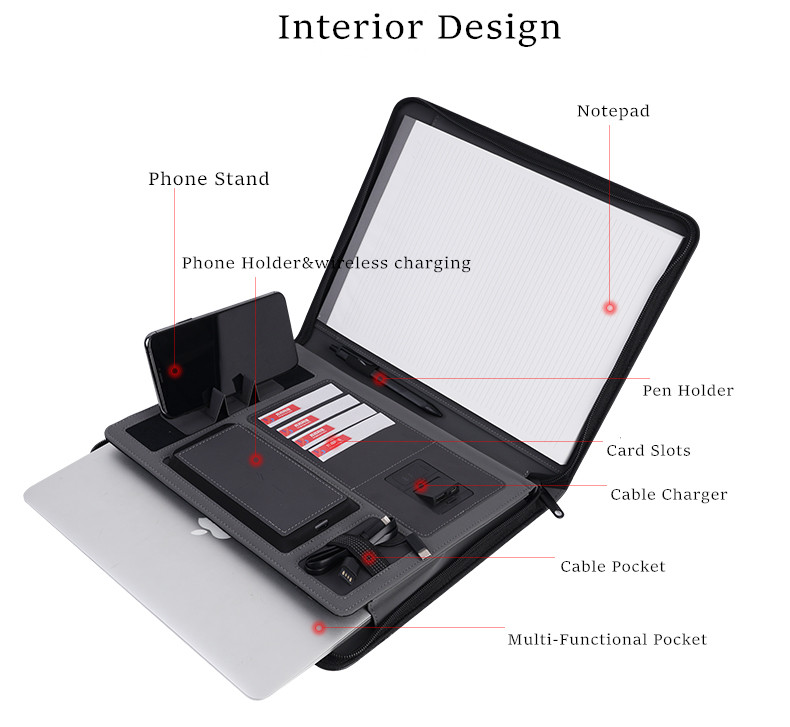 Multifunctional Waterproof Power Bank Notebook Portfolio Leather Material