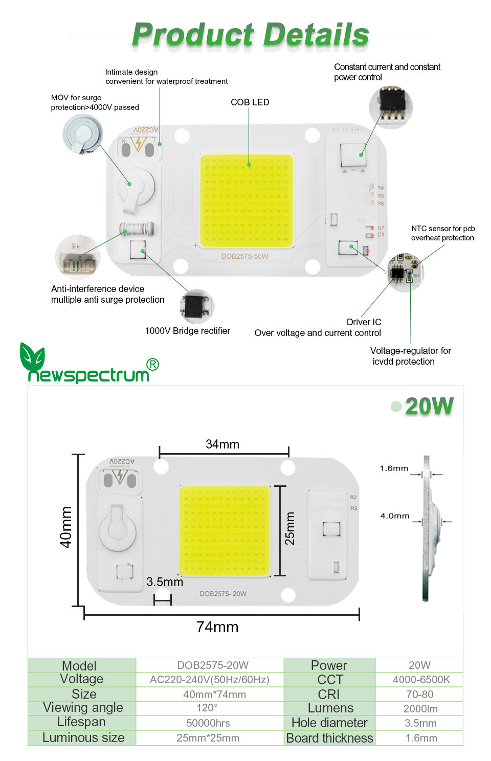 Driverless AC COB Led Chip 50w Size 40mm For DIY Floodlight Grow Light