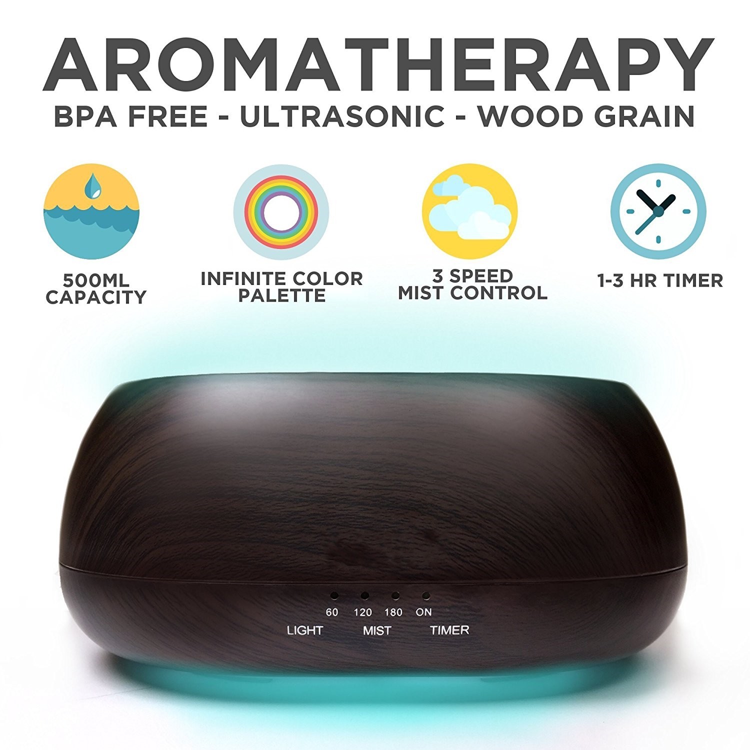 Wood Grain IR Remote Control 500ml Aroma Essential Oil Diffuser