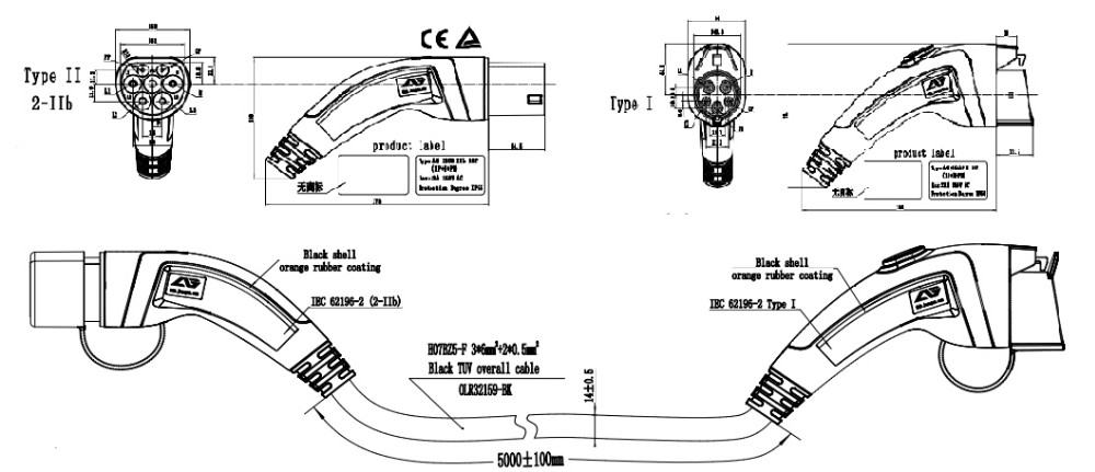 32A CE Approved Type 1 To Type 2 EV Charging Cable Blue Connector Plug