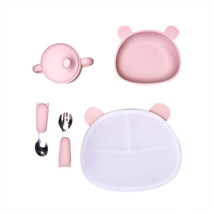 Bear Shape Silicone Baby Feeding Set 6Pcs BPA Free Suction Bowl With Lid
