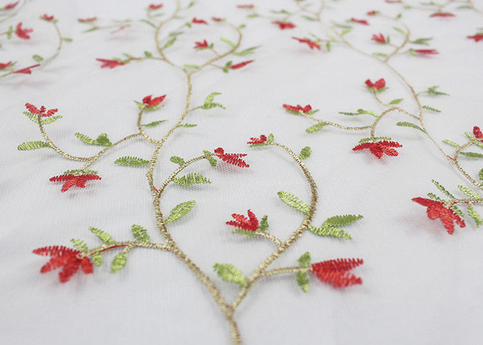 Multi Colored Floral Embroidered Lace Fabrics , Embroidery Mesh Fabric For Party