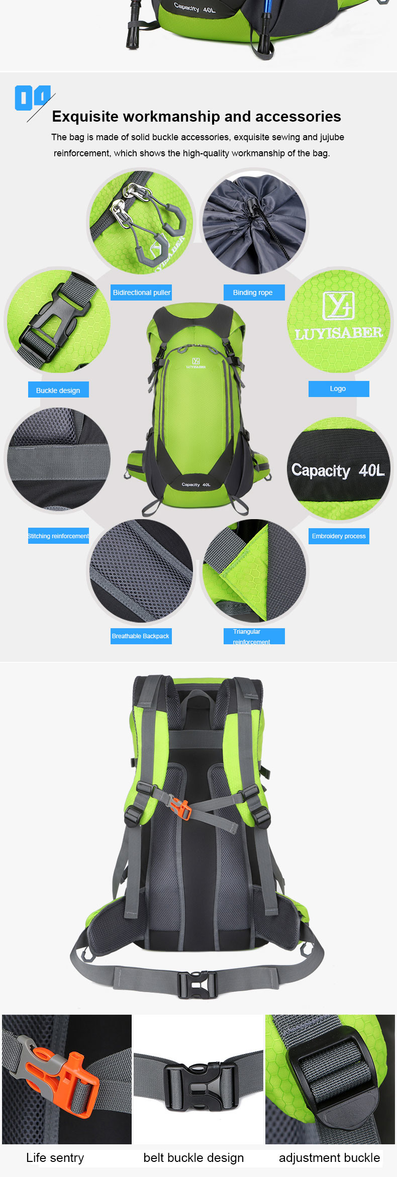 64cm Green Waterproof Hiking Backpack Women'S Lightweight Travel Backpack 40L