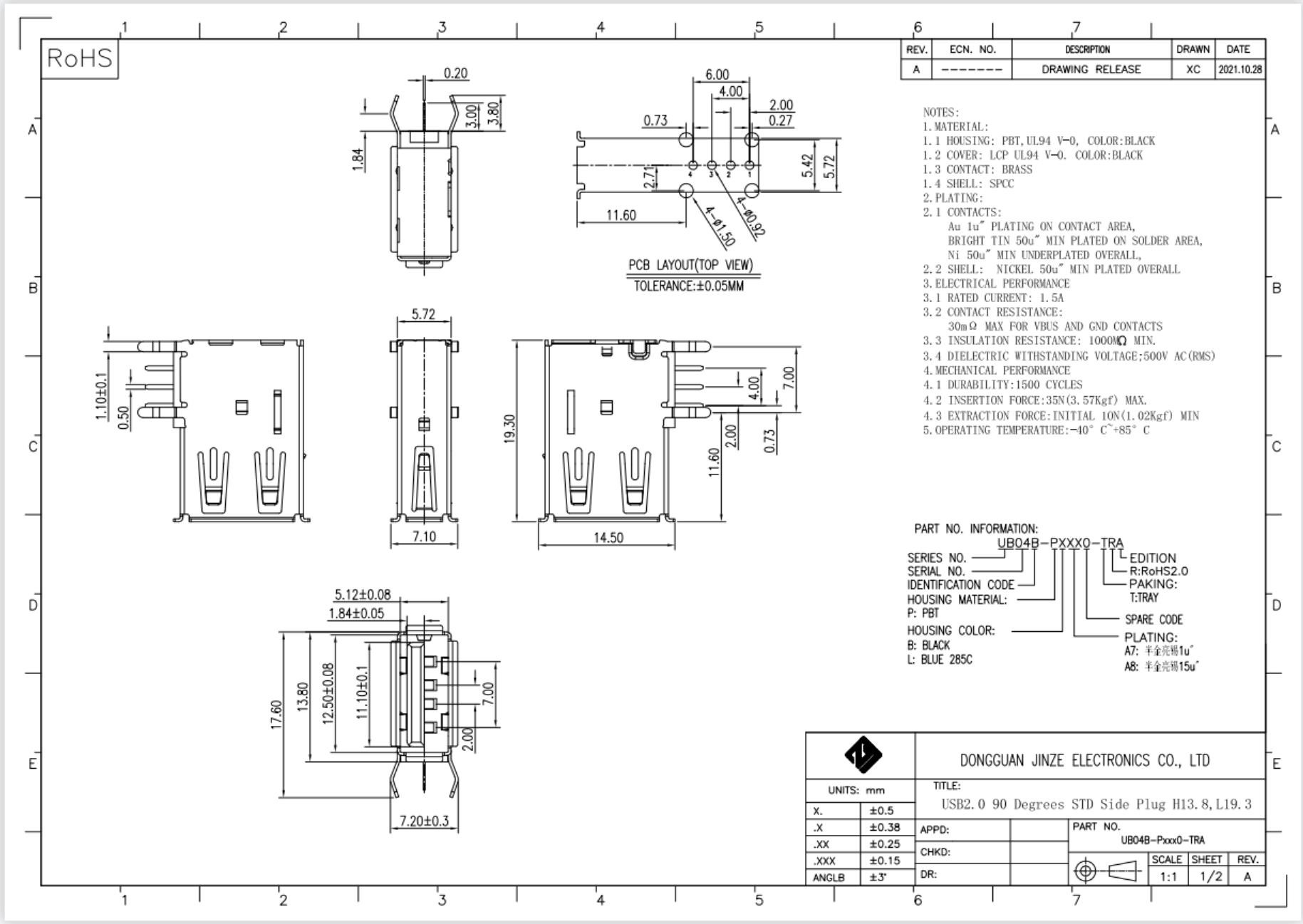 PBT UL94V-0 USB 3.0 Socket Micro USB Female Connector With 1.5A Current Rating