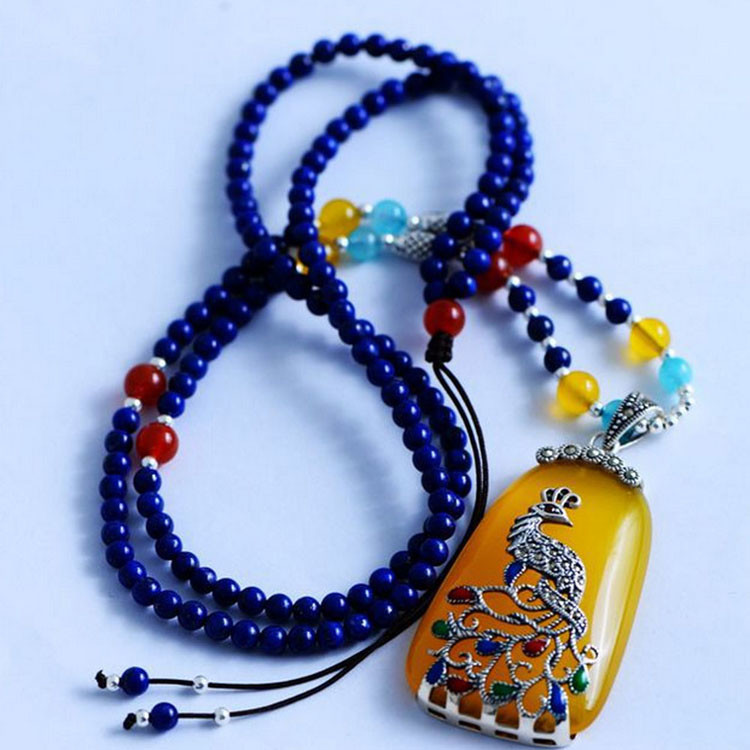 925 Silver Enamel Yellow Chalcedony Pendant Lapis Lazuli Beads Strand Necklace (XH057272)