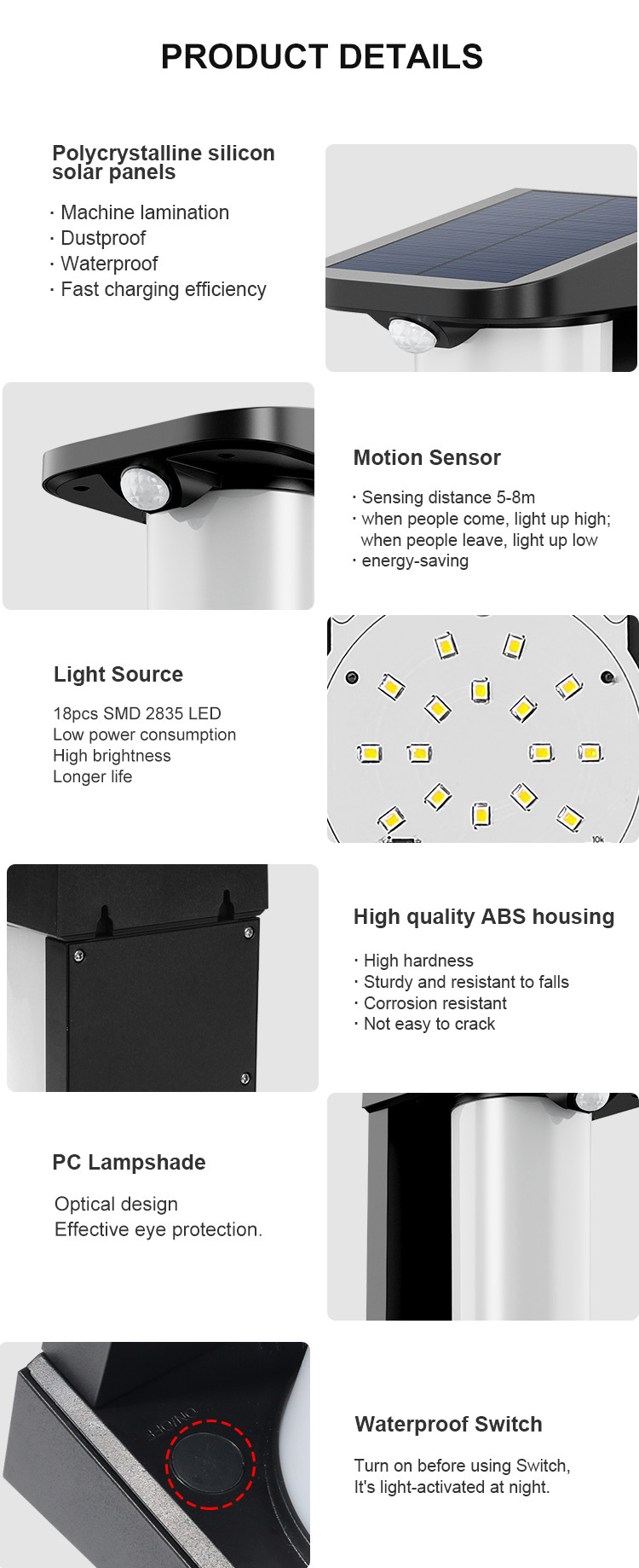 Solar Wall Light -8-10 Hours Working Time -5 - 50℃ Working Temperature B719