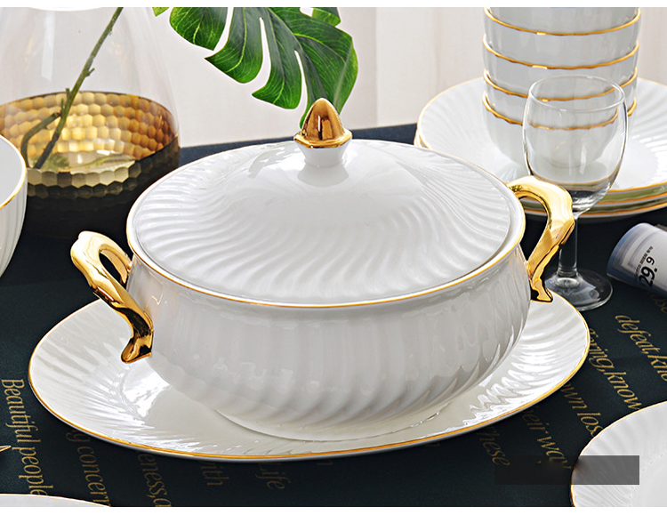 Gold line White Bone china embossed tableware Wedding Ceramic charger plate Dinner plate dish bowl mug coffee cup freely