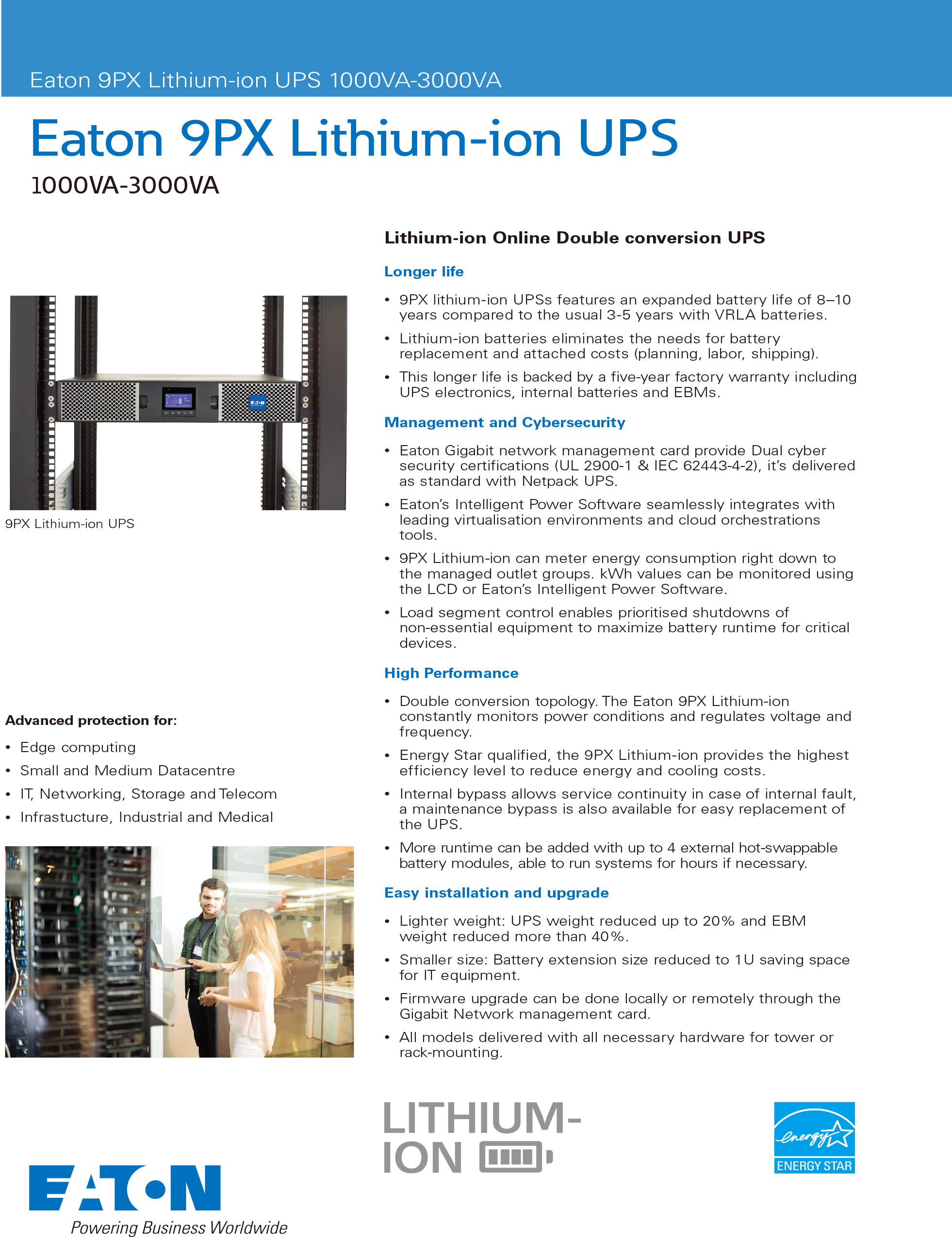 Eaton 9PX Lithium-ion aton ups dx20k cnxl3 online ups RT 2U UPS with built-in Lithium battery power supply system