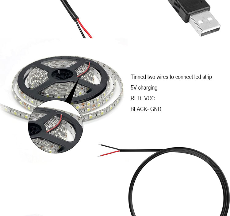 5V USB to Open Stripped Tinned Bare Wires End Pigtail Power Charger Cable for LED Strip Light Lamp