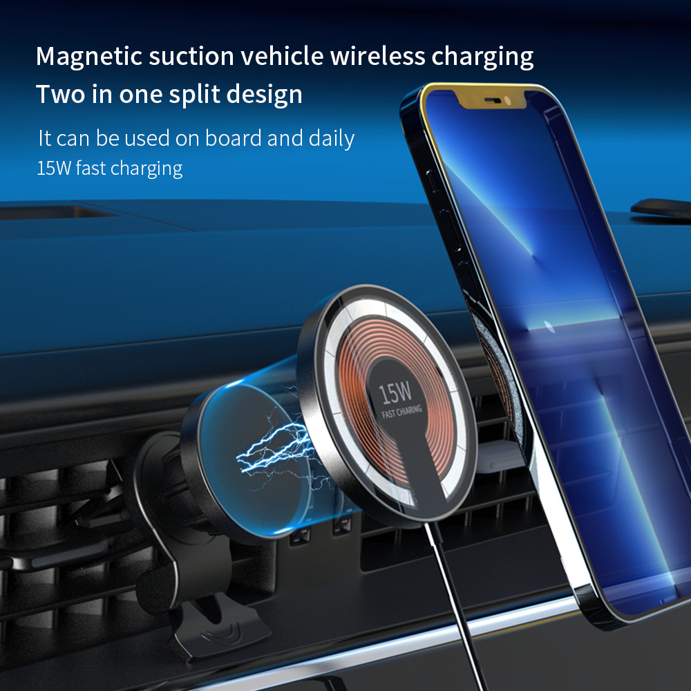 Magnetic Glass Aluminum Alloy Wireless Car Charger Round 15W Removable 2 In 1
