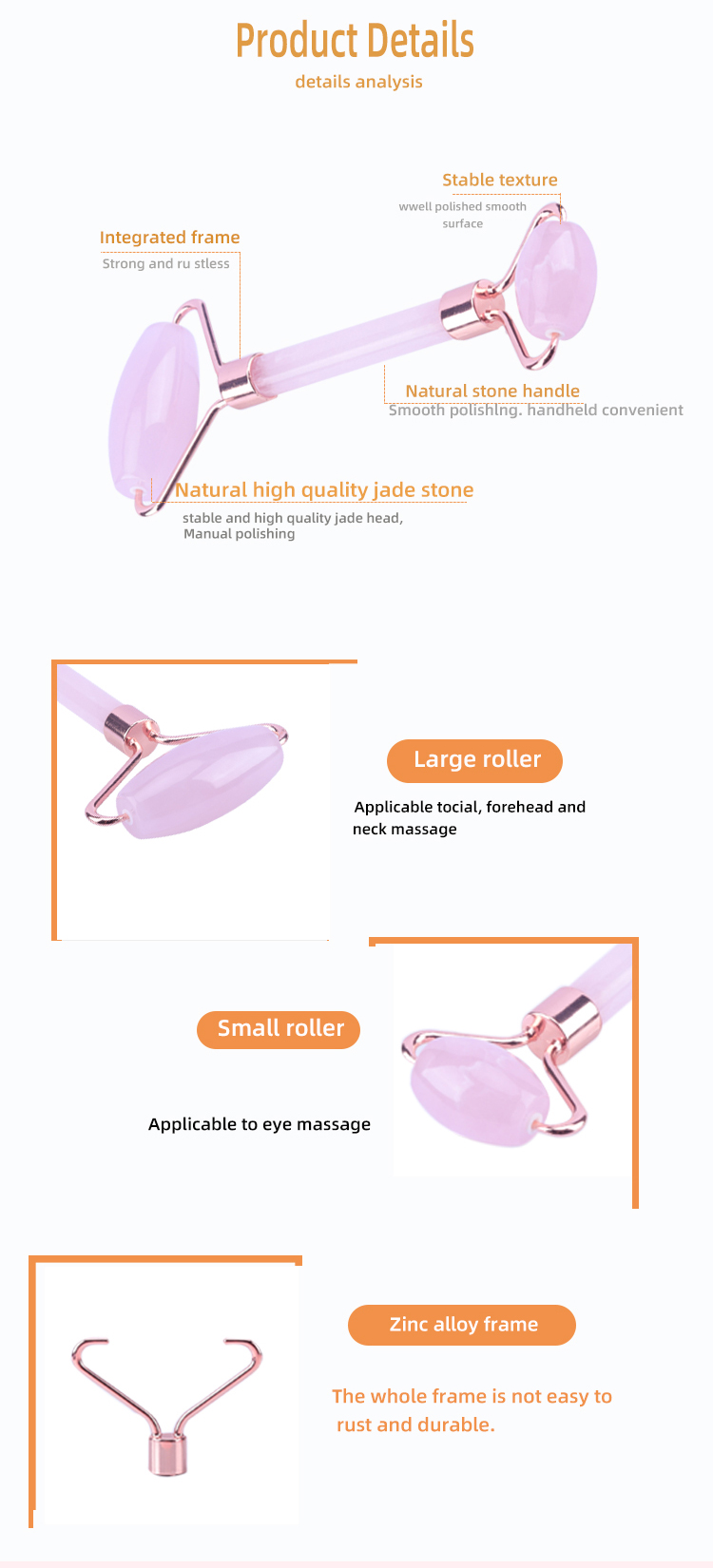 56g Rose Quartz Facial Roller , Jade Massage Roller For Face Massage