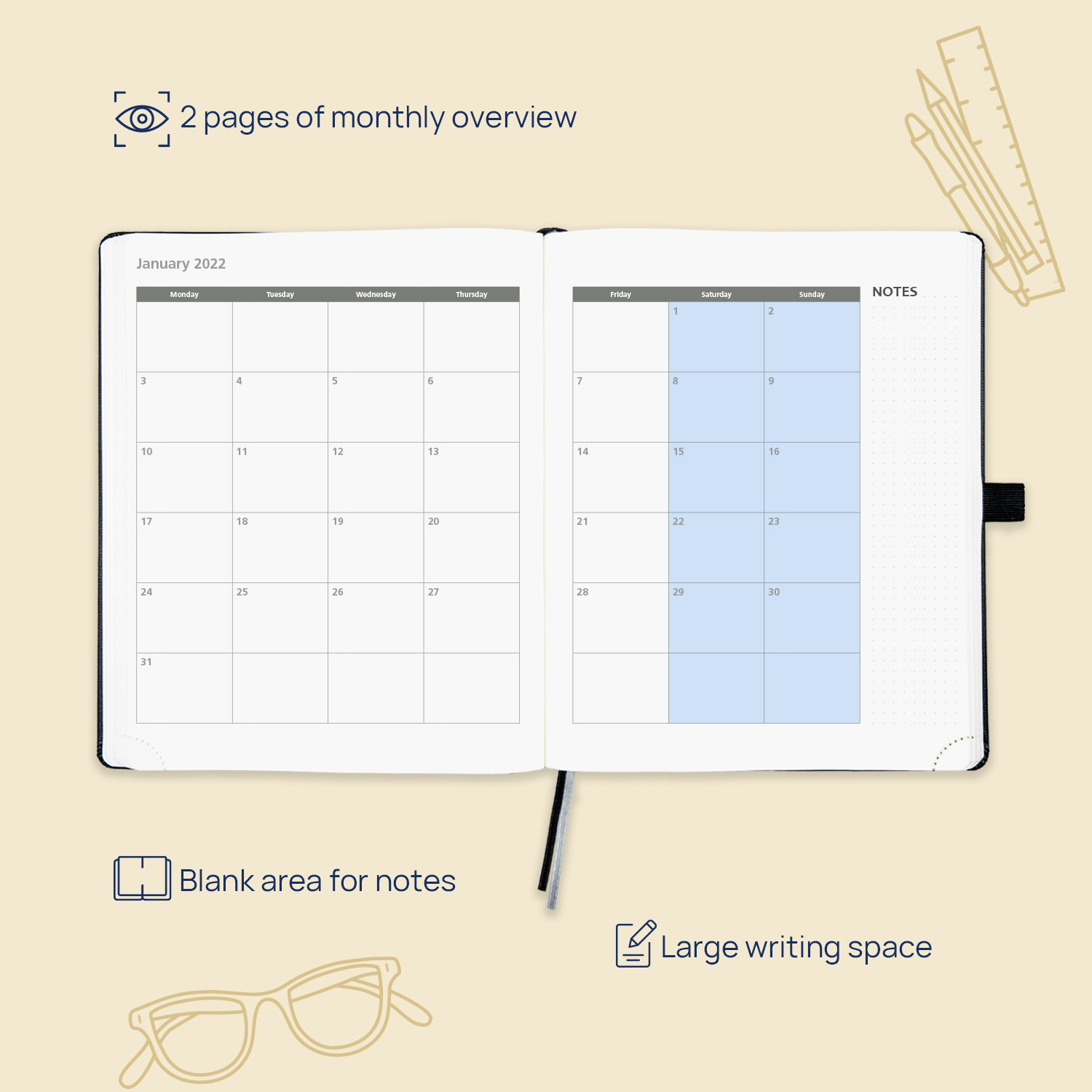 Vegan Leatherette Monthly Weekly Daily Planner 80GSM Ivory Paper