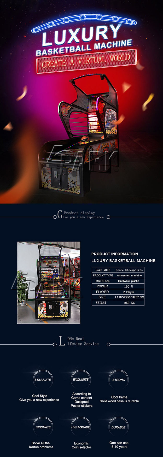 Electric Indoor Arcade Basketball Game Machine For Kids Luxury L110*W255*H257 CM