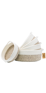5-Piece Round Small Woven Baskets 100% Natural Cotton Rope Baskets! Key Tray, Kids Montessori Little