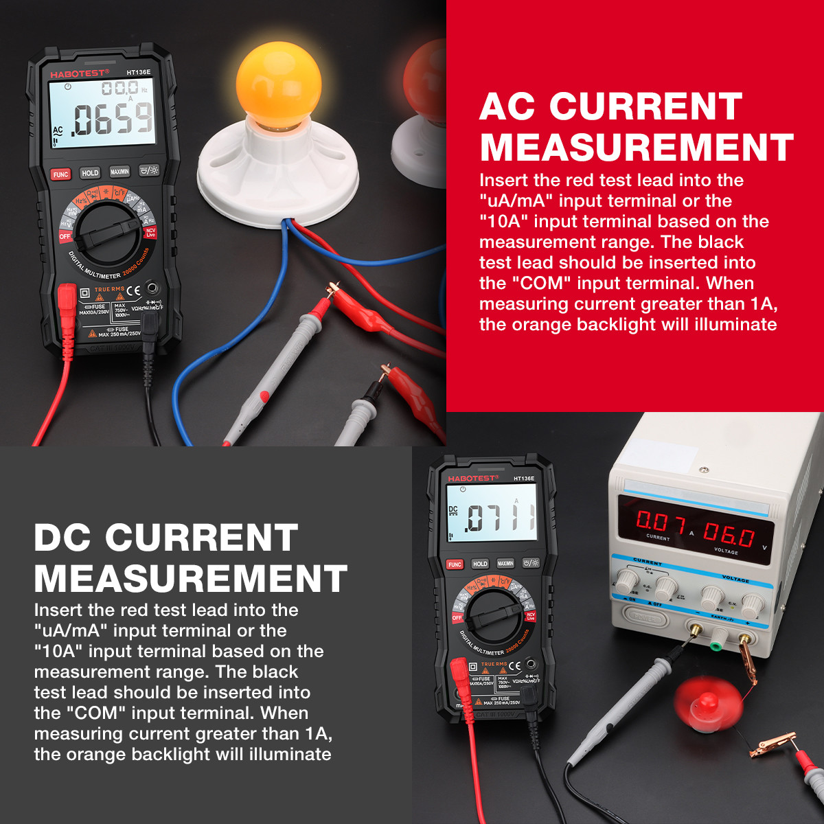 Ammeter HABOTEST HT136E/A Digital Multimeter 20000 Counts Voltage Current Detector Capacitance Resistance Frequency Temp Test
