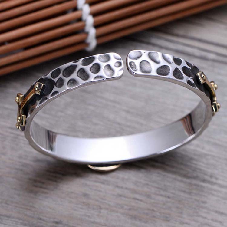 925 Silver Golden Two Tone Women Open Cuff Bracelet Cross Madonna Style (057402)