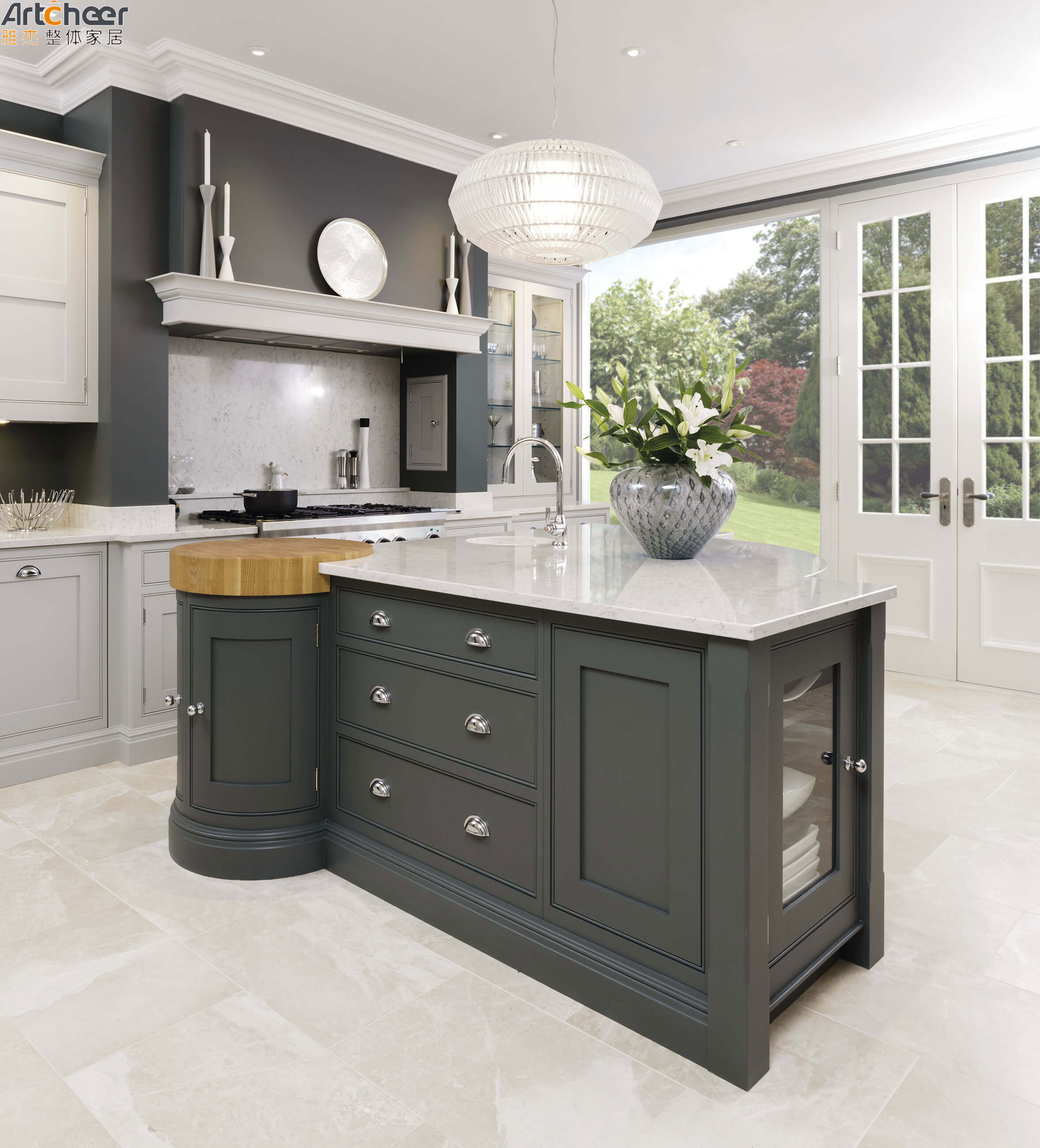 E0 Grade Material Kitchen Island Table With Moveable Drawers And Round Corner Stone Top