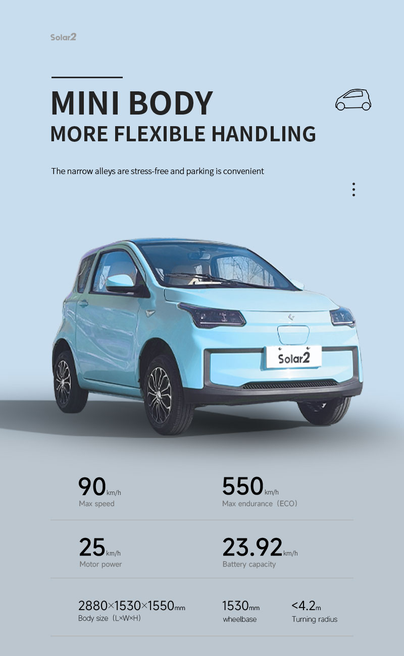 2024 2 Seats Mini EV Car Energy Vehicles Solar EEC Electric Car Blaval Solar 2 with EEC COC Customised Motor Single Motor