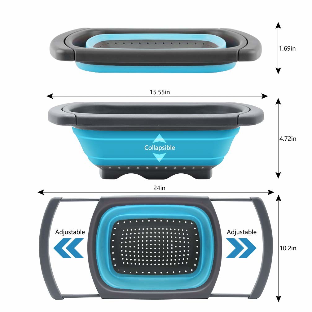 Silicone Collapsible Colander Strainer Over Sink Vegetable/Fruit Colanders Strainers (6Quart) With Extendable Handle