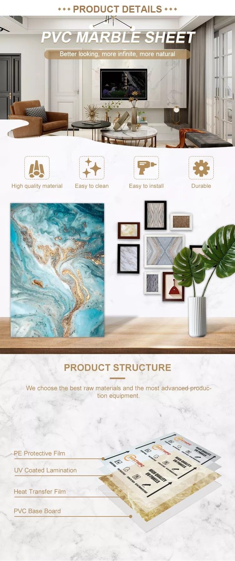 Sound Absorbing Flexible PVC UV Protection Marble Sheet Heat Insulation