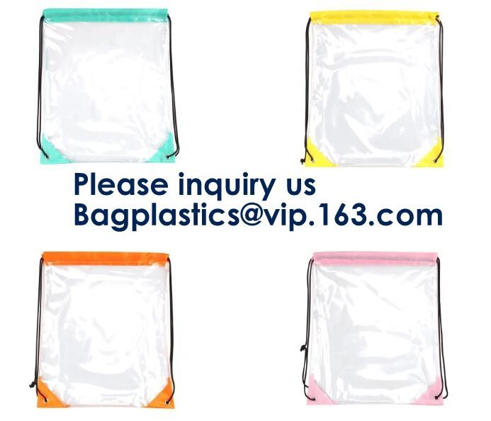 Transparent PVC Drawstring Bag With Colorful Rope,Clear PVC drawstring bag with gold string,Pvc Strips Printing Gift Pac