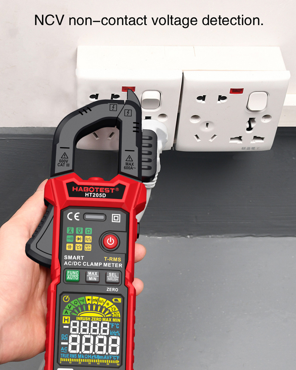 HT205 Clamp Meter Auto Range True RMS NCV DC AC Voltage Inrush Current Temperature Tester Automatic Voltmeter