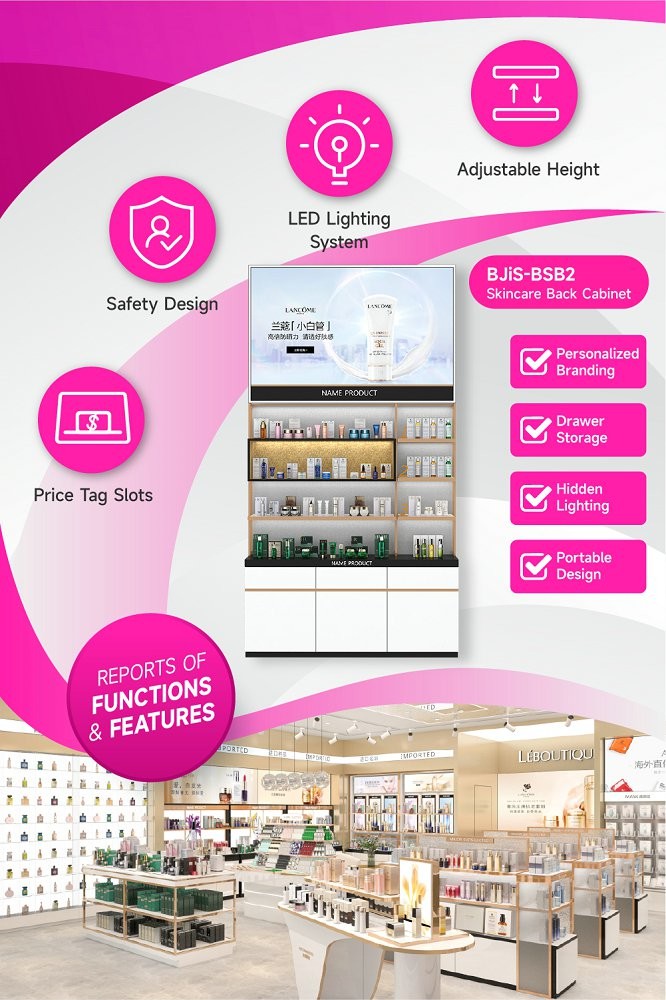 BJiS-BSB2 White Glossy Skincare Display Cabinet with Titanium Trim for Cosmetics Store Design