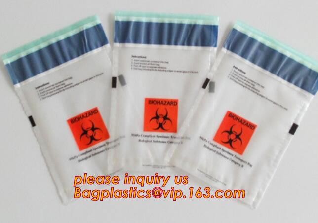 Laboratory Medical biohazard lab plastic specimen transport bag with double pouches, embossed reclosable biohazard speci