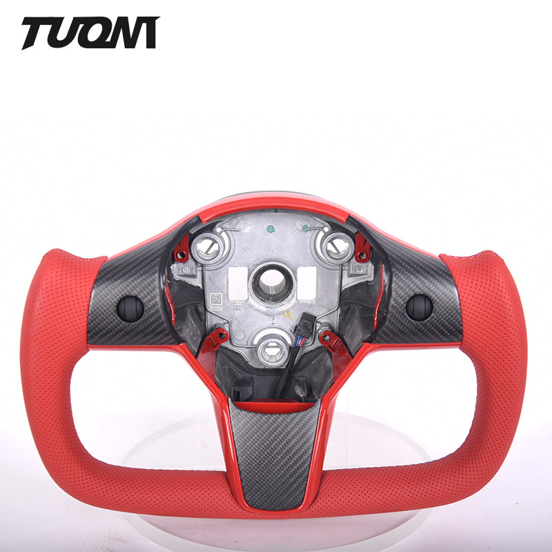 Yoke Shape Carbon Fiber Red Leather Steering Wheel Tesla Model 3 Y Custom Made