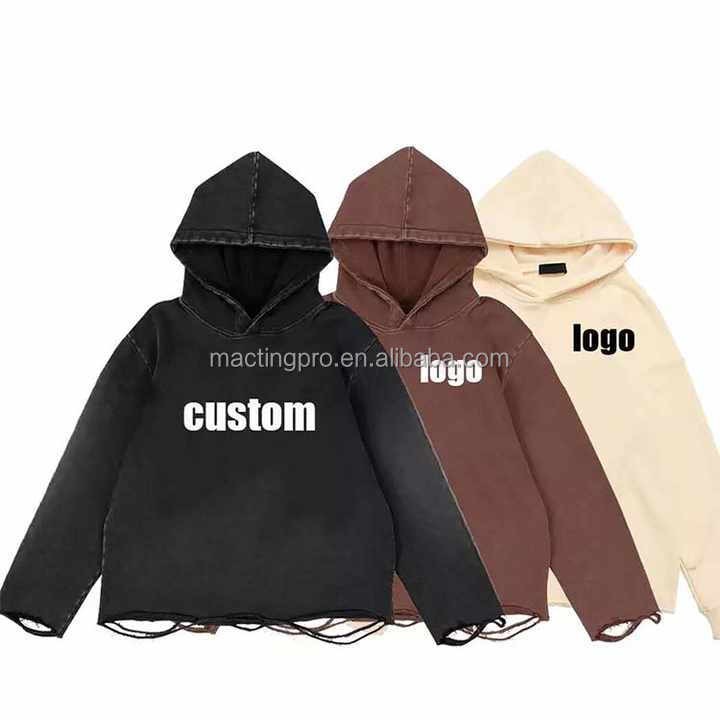 Dtg Pullover Hoodie Acid Wash Distressed Ripped Raw Hem Crop Hoodie Men Needle Detection Fabric 500grams