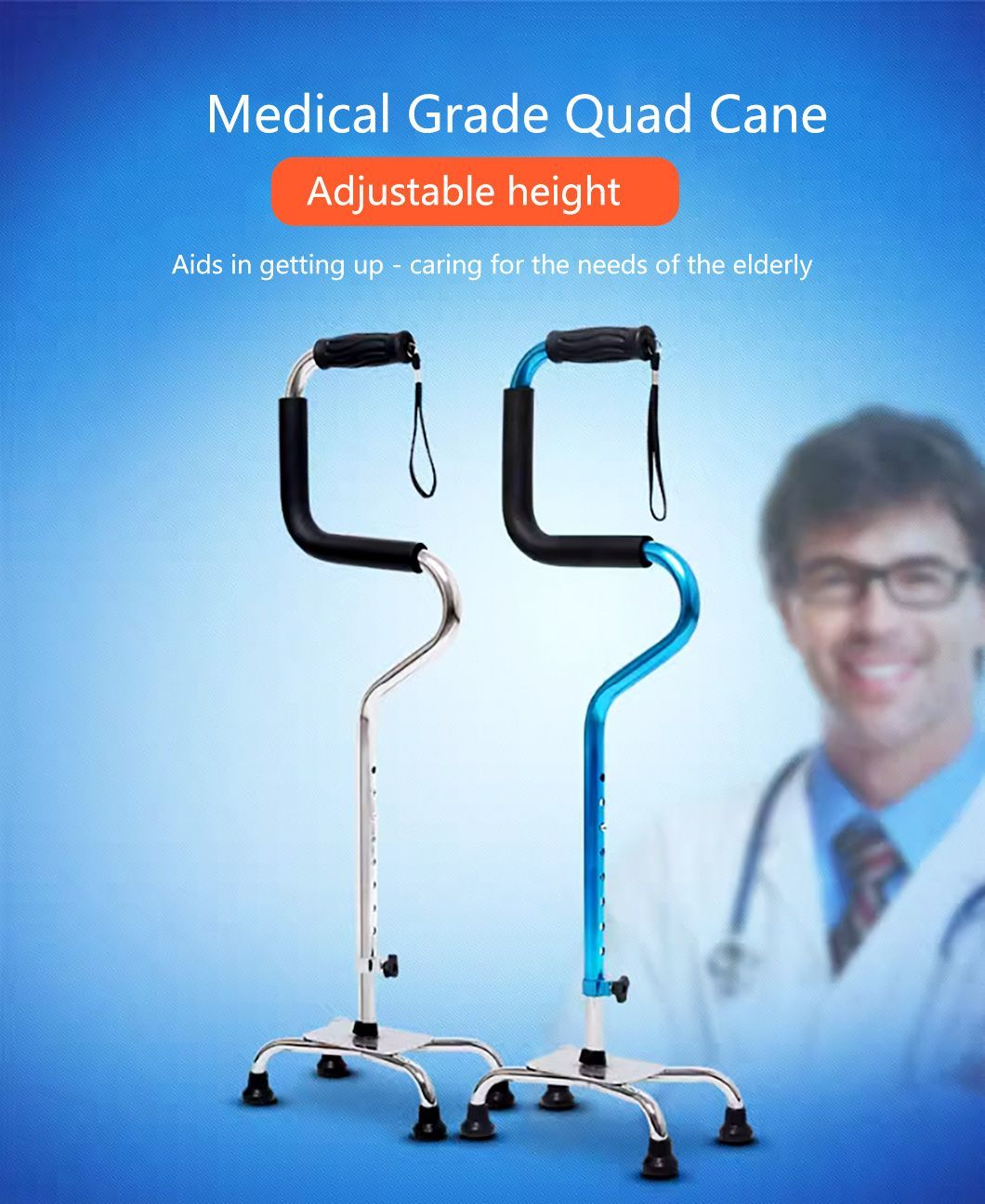 High-Quality Medical Adjustable Four-Legged Aluminum Disabled Walking Medical Crutches