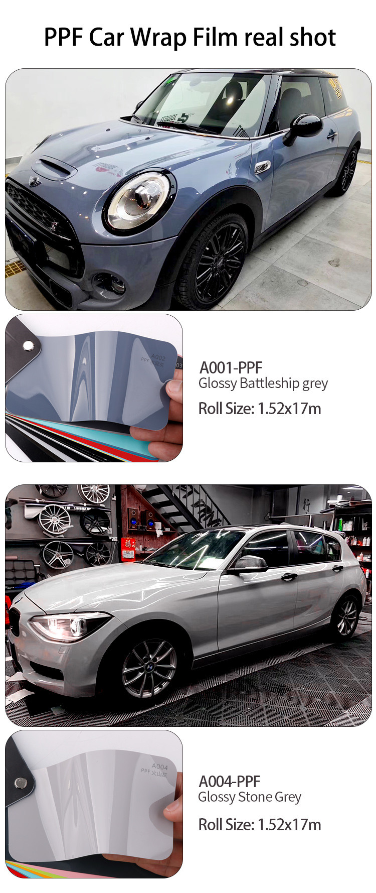 1.52x15m TPU Glossy white Vinyl Air Bubble Free Wrapping Glossy Sky Grey Paint Protection Smart Tint PPF Car Color Changing Film TPU tph PPF color