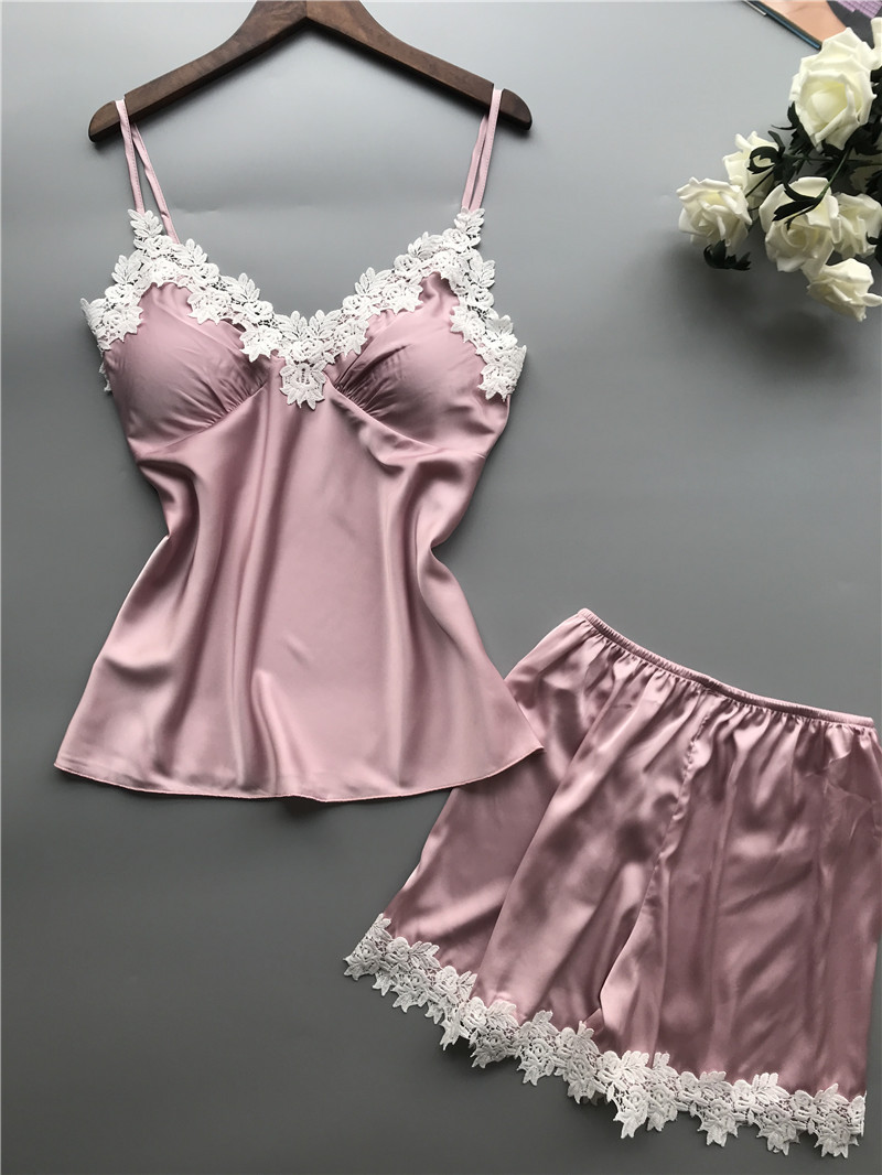 Breathable Women Pajamas Sleepwear Satin Two Piece Lace Lingerie Set V Neck