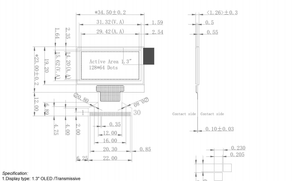 1.3 Inch White PMOLED Display 128x64 Dots 30PINS I2C Interface with Driver IC SH1106G