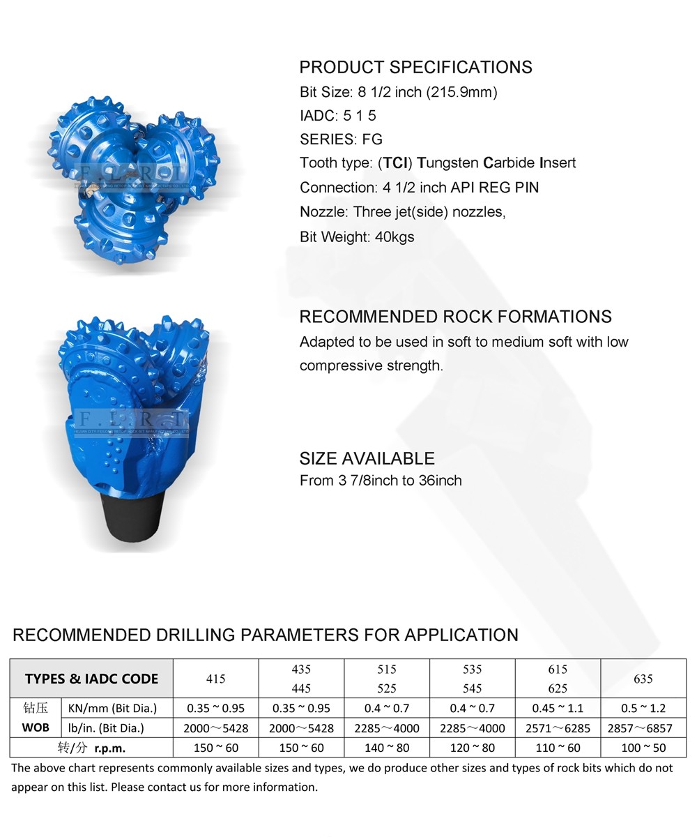 8 1/2" FG515G Tricone Drill Bit , Water Well Drill Bits API-7-1 Standard