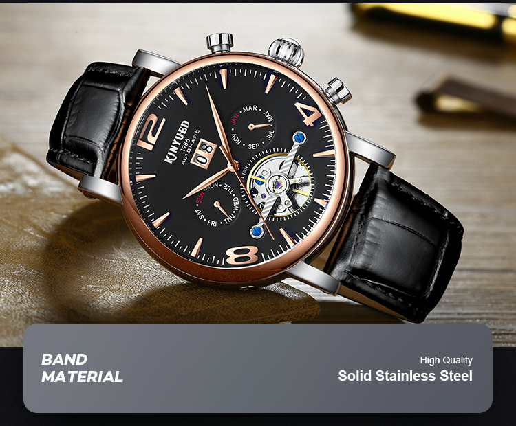 Auto Date Mens Mechanical Watches Black Genuine Leather Wrist Watch