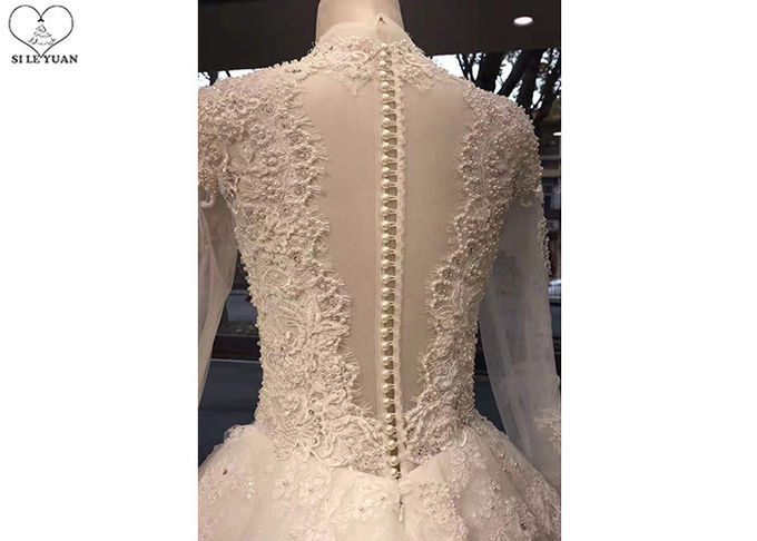 Custom White Ladies Bridal Gown With Sleeves Deep V Neck Buttons Back Style