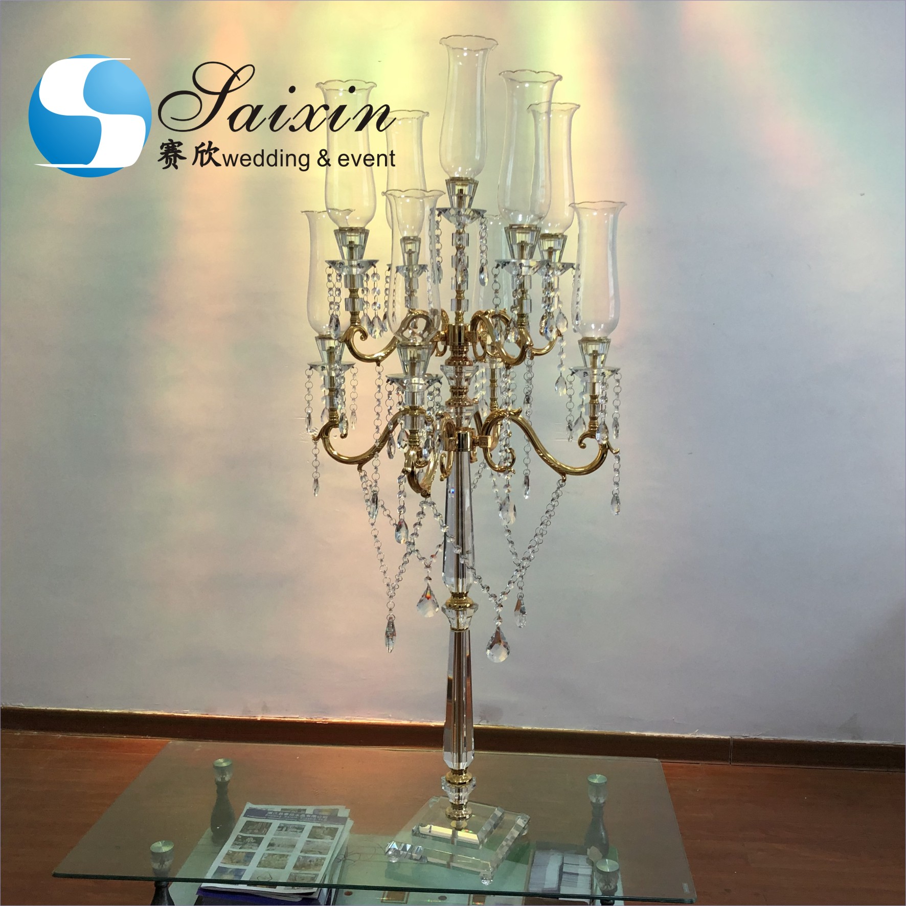 Wedding Gold Metal Stands For Centerpieces Cylinder With Long Crystal 130cm