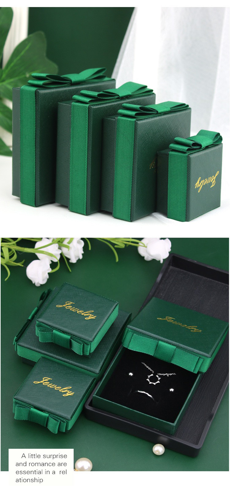 Luxury Green Color Rigid Cardboard Gold Logo Set Jewelry Gift Box With Ribbon Bow