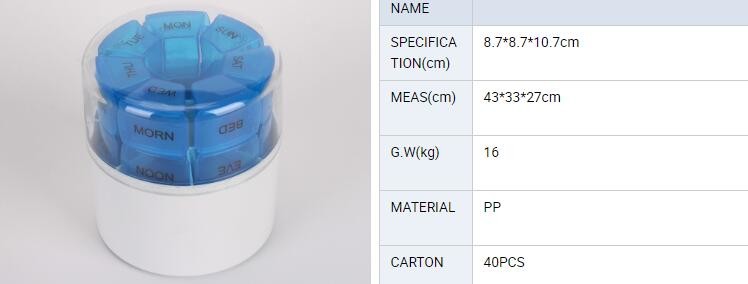 Premium clear plastic weekly pill holder one grid each day with pill splitter, one week 4case plastic pill container pil