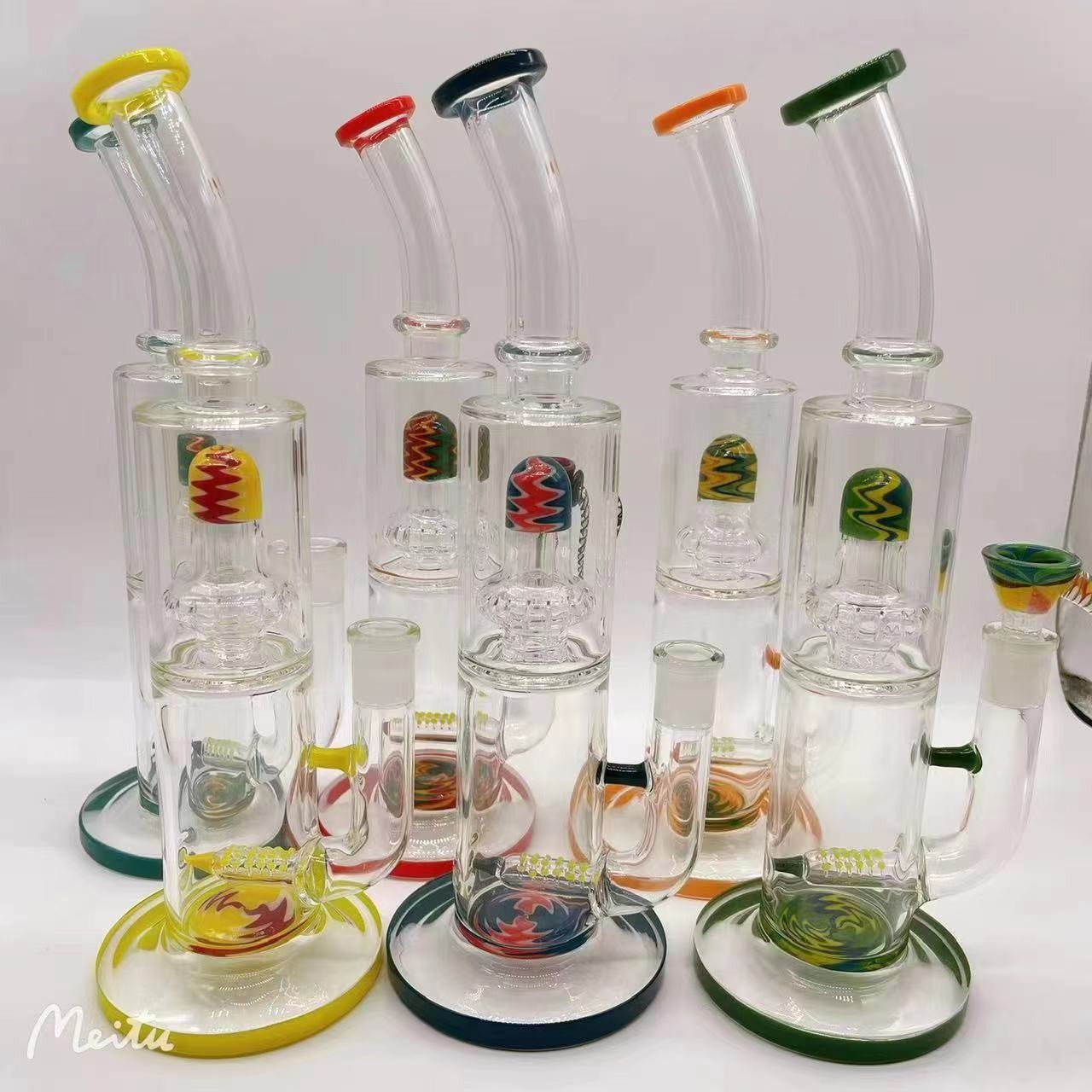 Mixed Color Glass Water Pipe Dab Oil Rig Recycler Hookah Smoking Pipes 8Inch